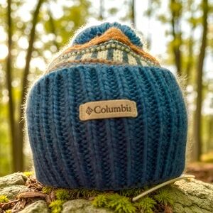 Columbia Blue Knit Pom Beanie with Orange and Cream Accents